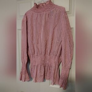 Smocked Waist Pink Eyelet Long-Sleeve Sheer Women's Top